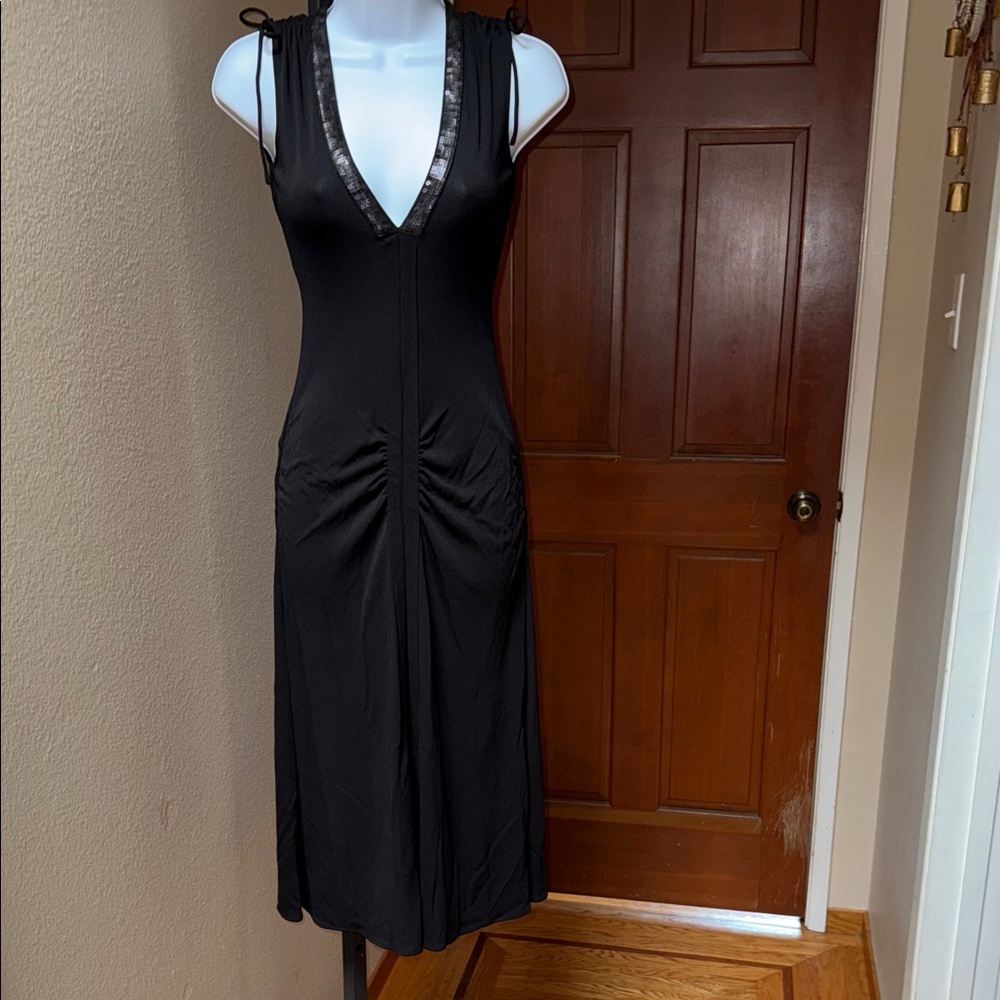 Kenneth Cole Elegant Beaded Neckline B-Neck Sleeveless Black Midi Dress Sz XS